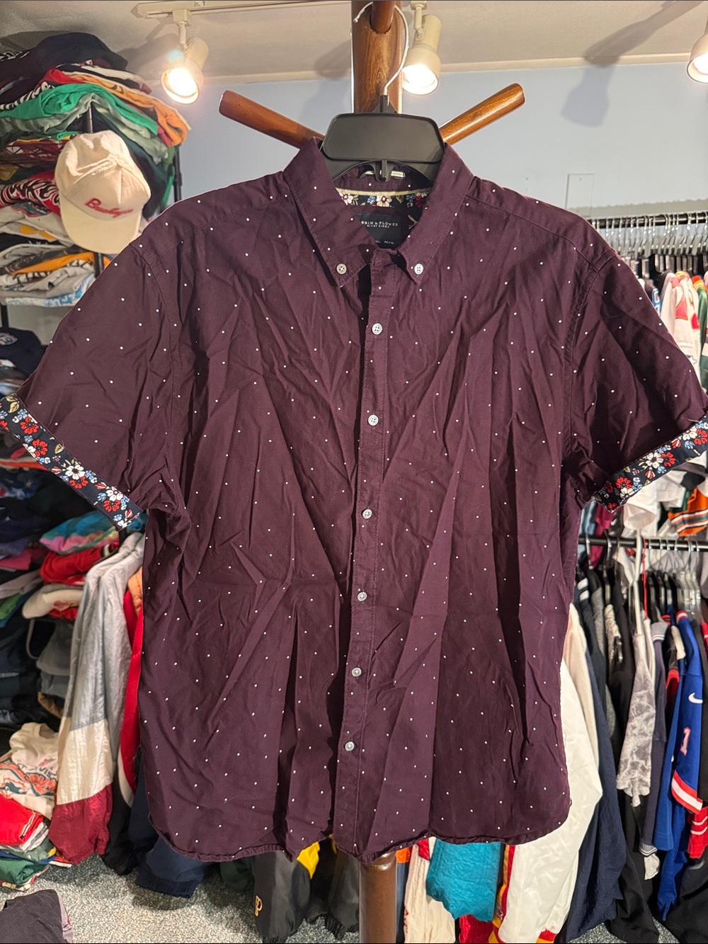 Denim & Flower Short-Sleeve Button-Down Shirt in Burgundy with Floral Trim